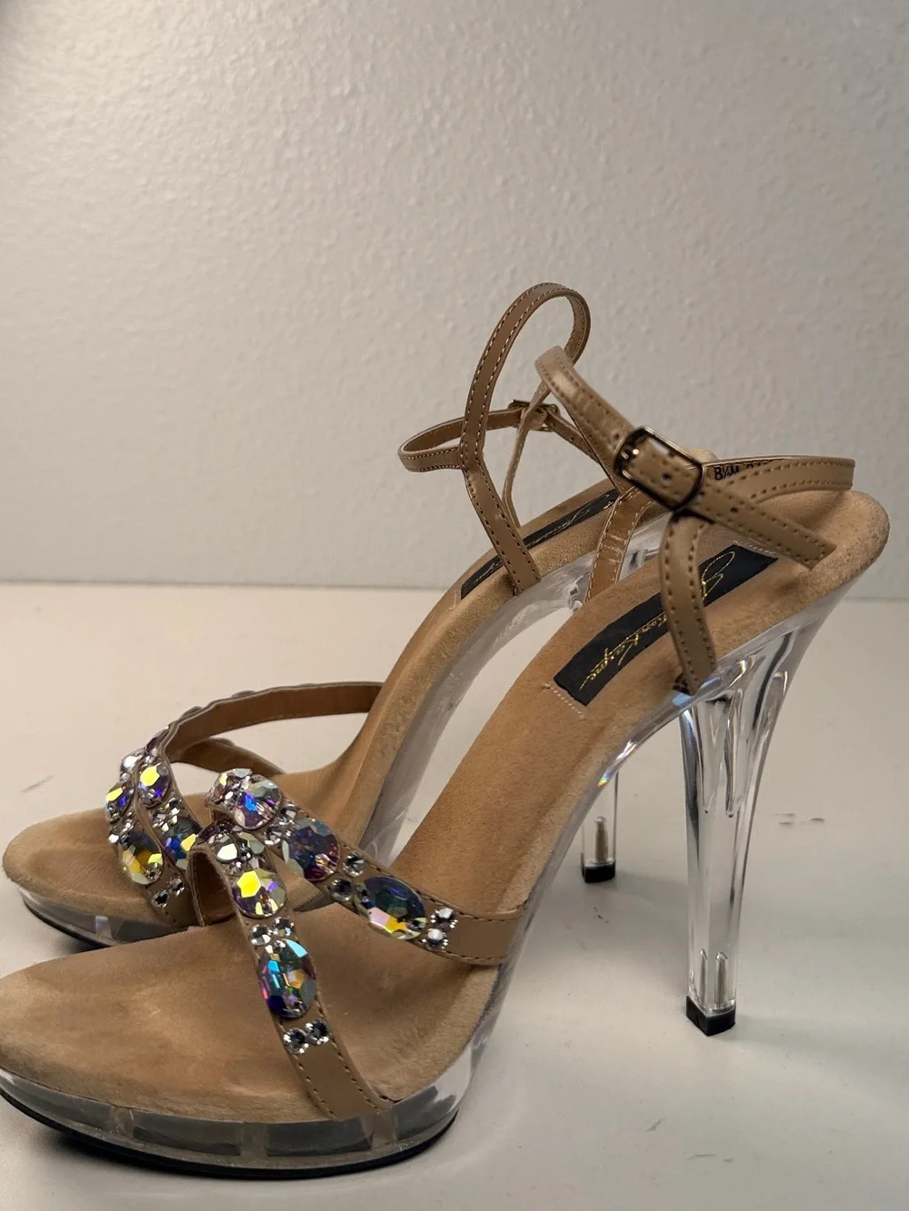 Jonathan Kayne Austria Crystal Clear Platform Heels Taupe Size 8.5 bling
